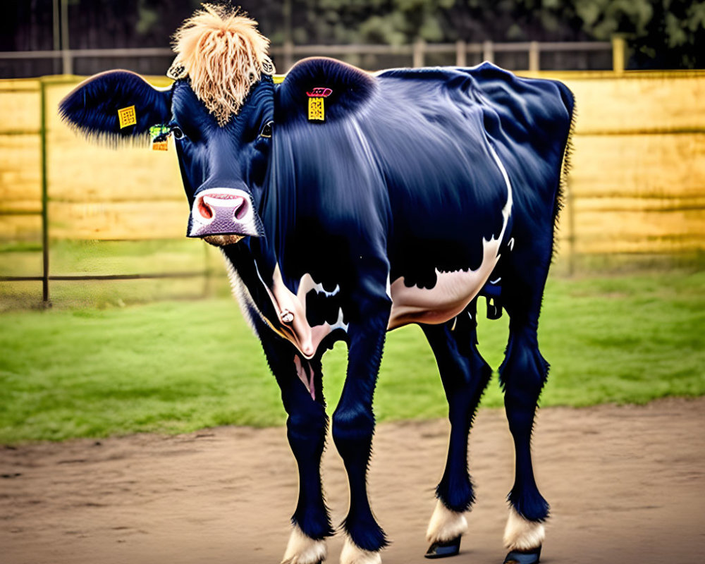 Blonde Wig and Human Mouth on Cow in Enclosure