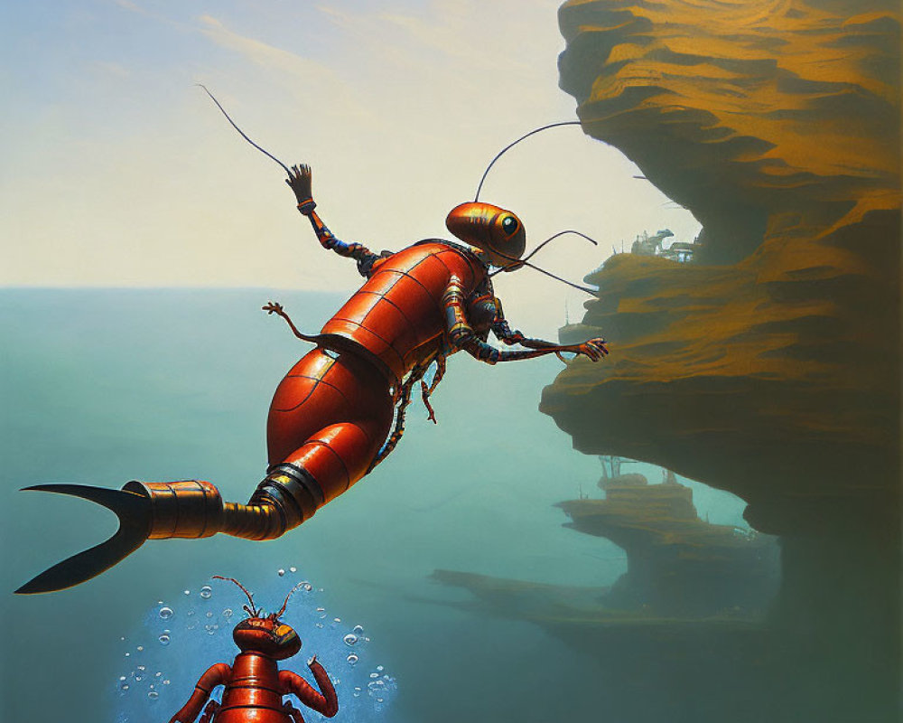 Two large mechanical ants in surreal landscape with hazy sky