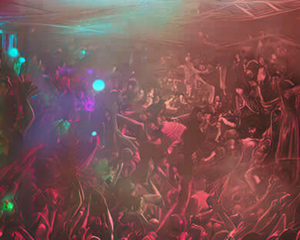 Colorful Dance Party with Crowded Scene and Patterned Ceiling