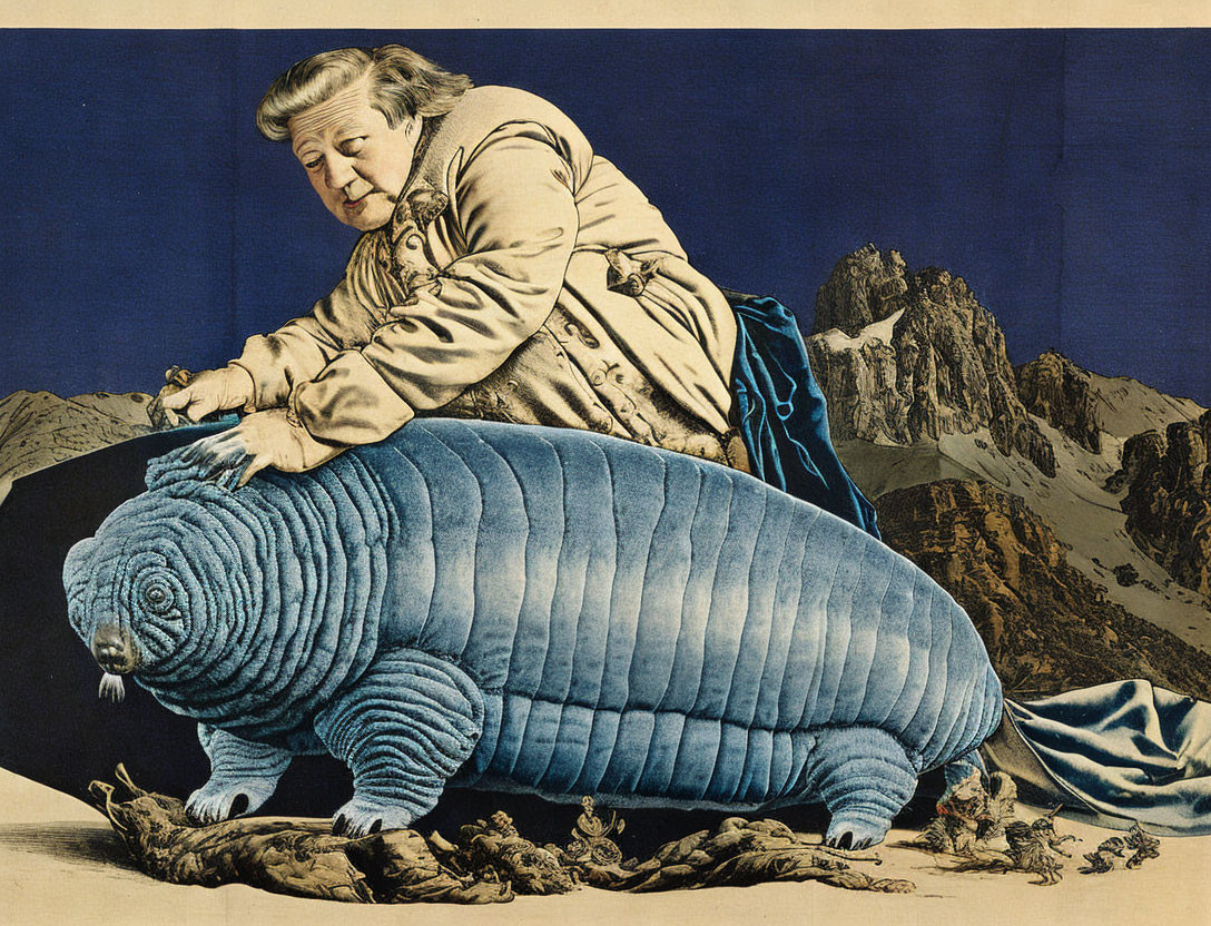 Colorized artwork: Woman in traditional dress riding giant blue caterpillar among tiny people, rugged mountain backdrop