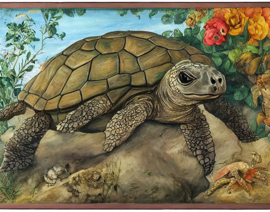 Detailed painting of a wise tortoise in lush greenery