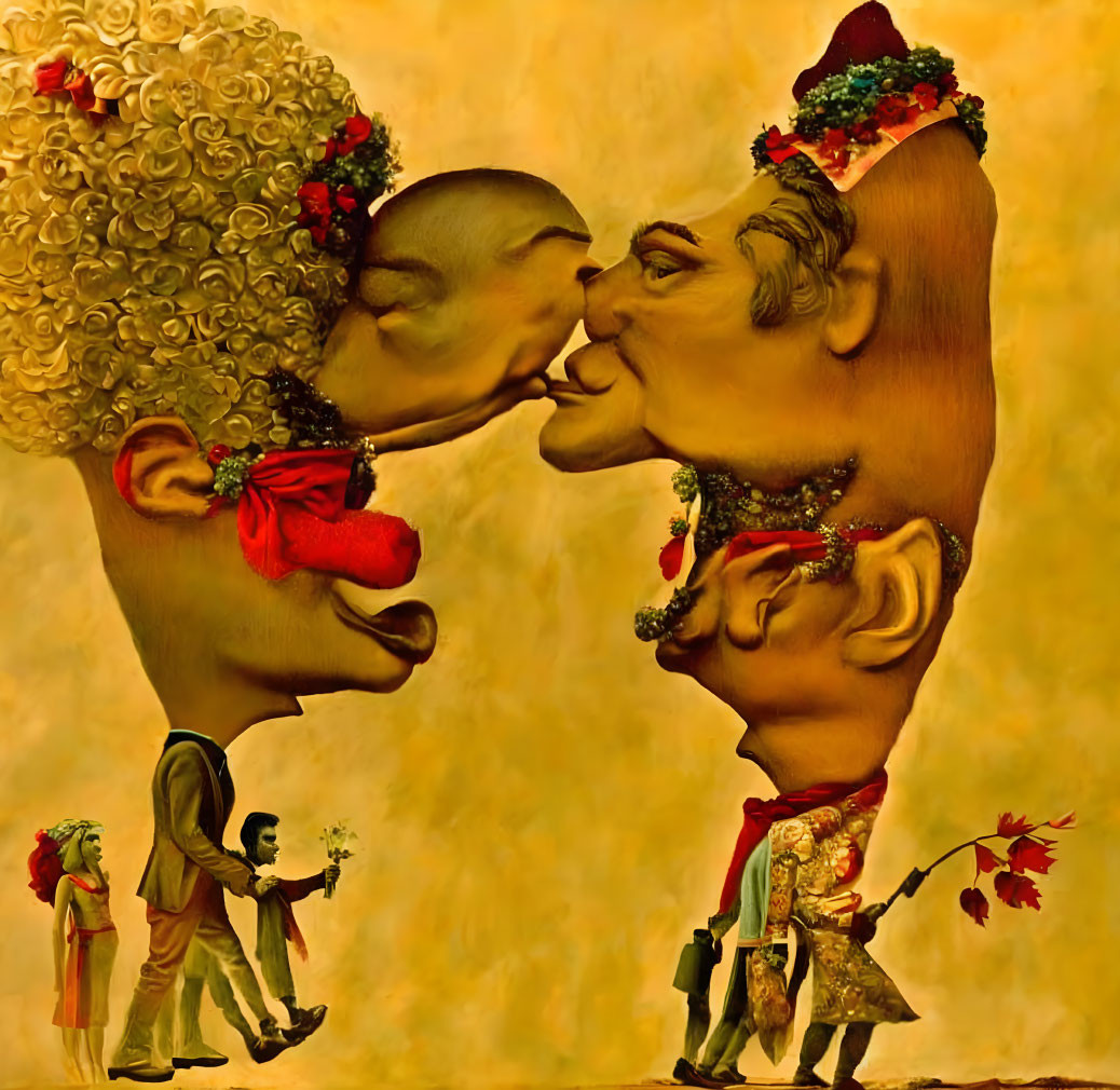 Large Caricatured Faces Kissing in Heart Shape with Small Figures and Flowers on Golden Background