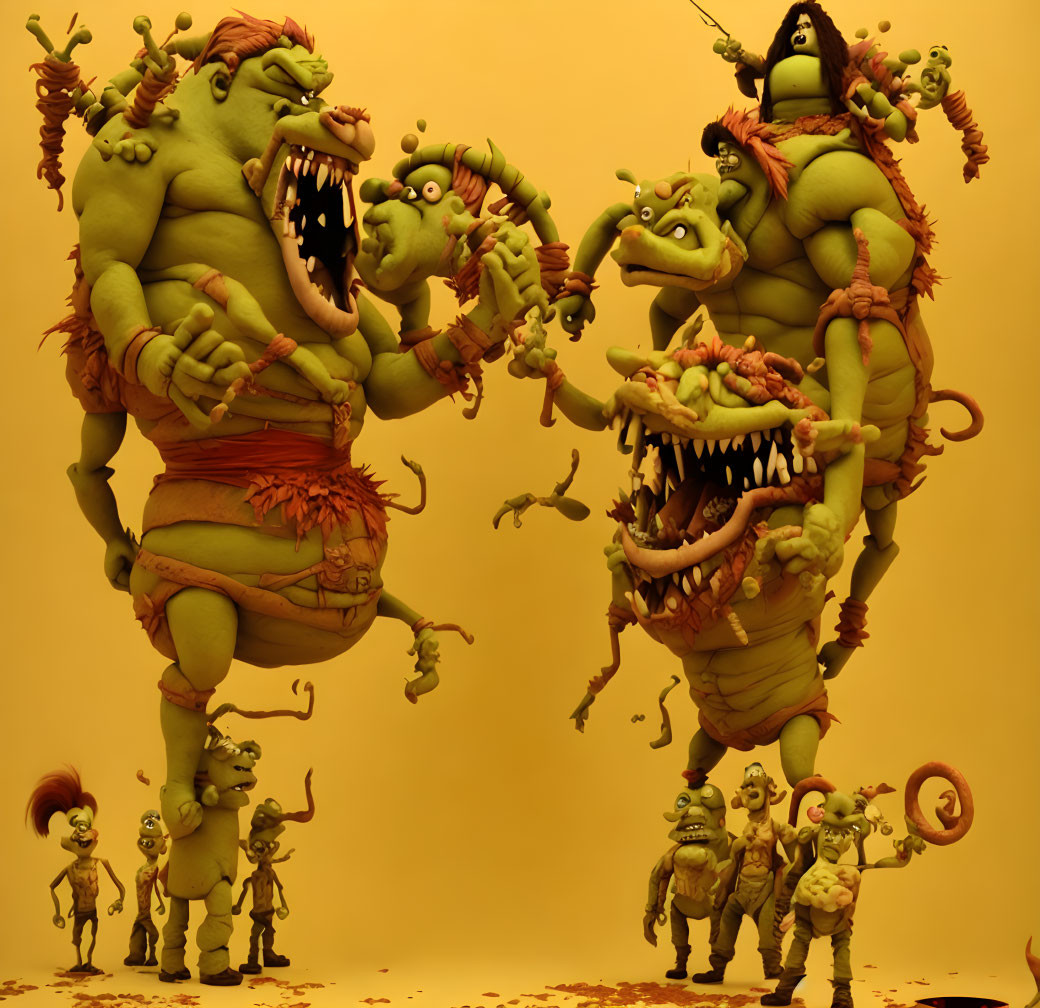 Stylized grotesque ogres and goblins in various poses on plain background