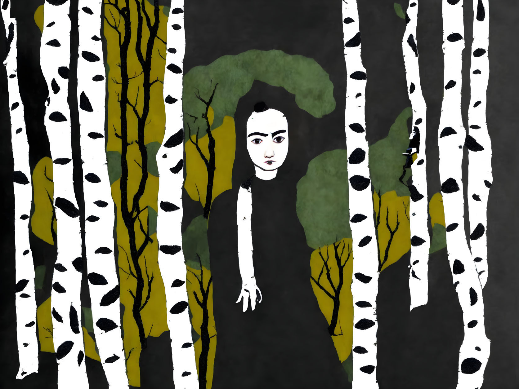 Person peeking through black and white birch trees on dark backdrop