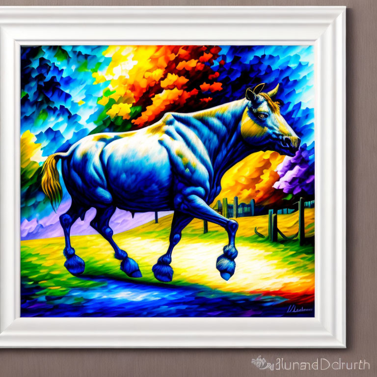 Colorful Framed Painting of Blue Horse on Vibrant Background