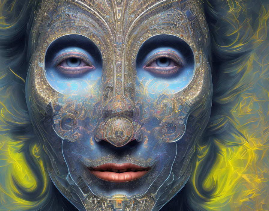 Intricate metallic mask with blue eyes on yellow background