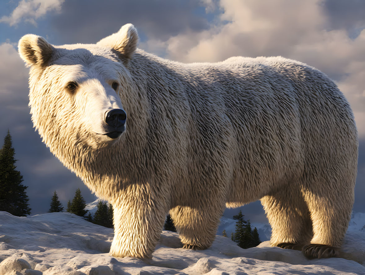 Large Fluffy White Bear in Snowy Landscape with Pine Trees