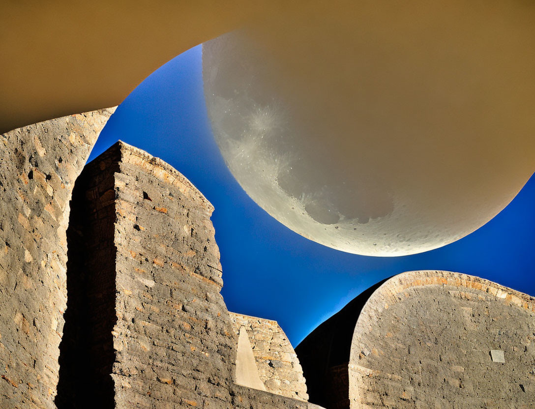 Architectural structures under a detailed moon in a blue sky