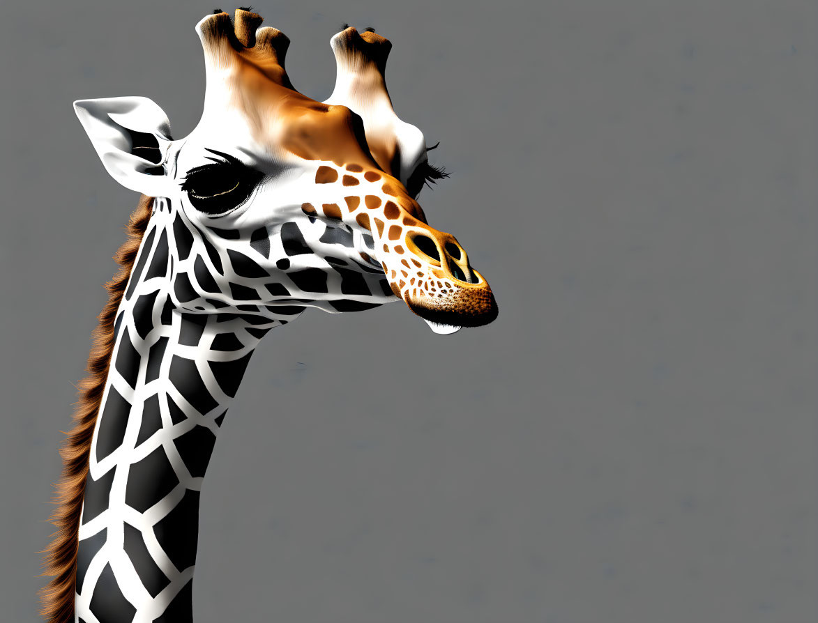 Surreal giraffe illustration with elongated black and white neck pattern