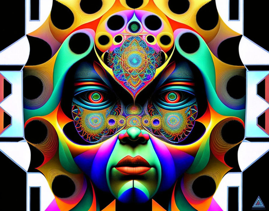 Colorful kaleidoscopic digital art of symmetrical face