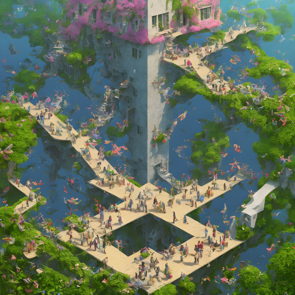 Fantastical floating island with lush greenery and cherry blossoms