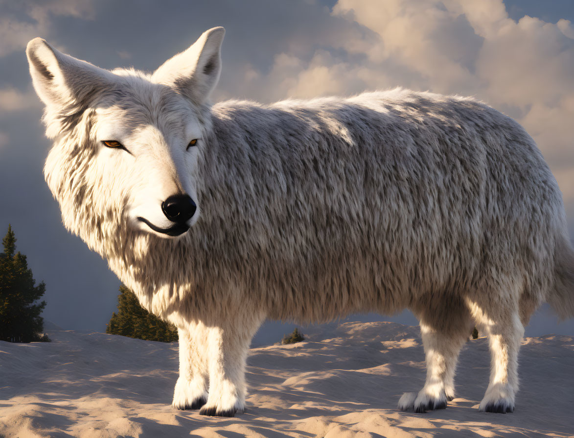 Stylized oversized white wolf in snowy landscape