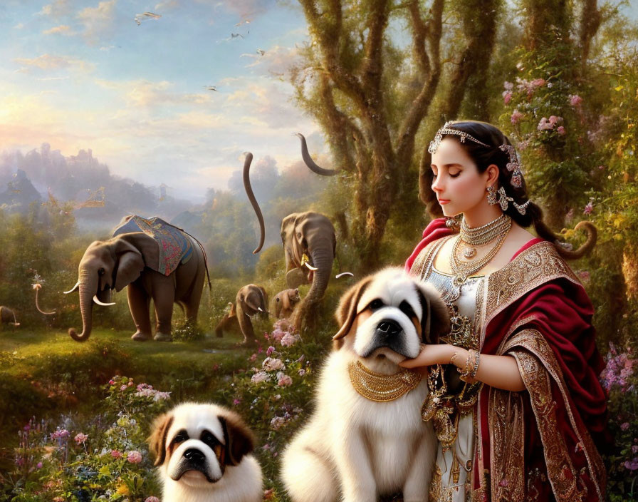 Woman in traditional attire with Saint Bernard dogs in lush jungle landscape