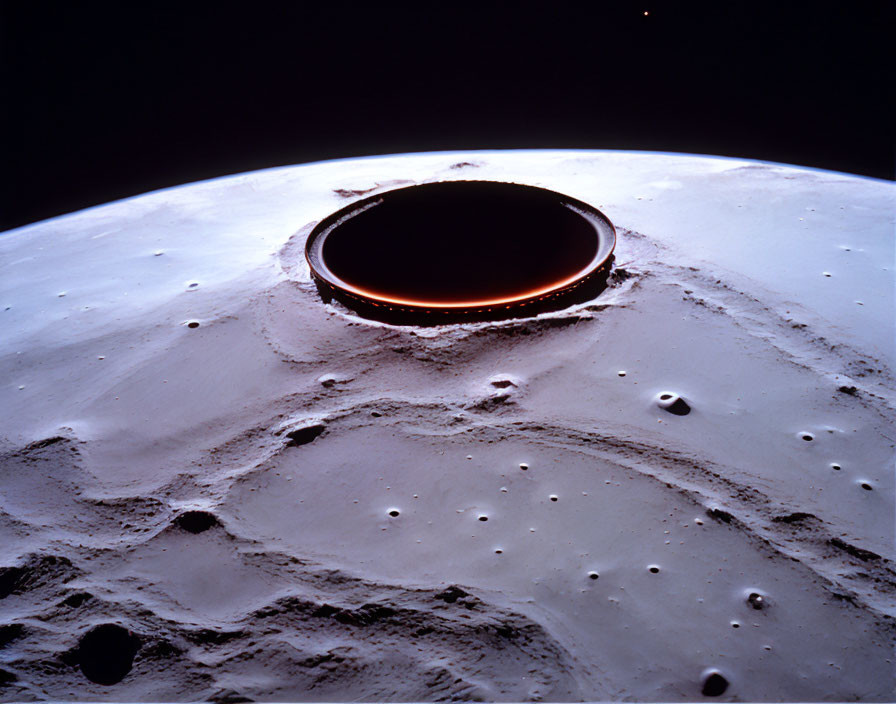 Lunar surface with prominent crater and sun's glow casting crescent light