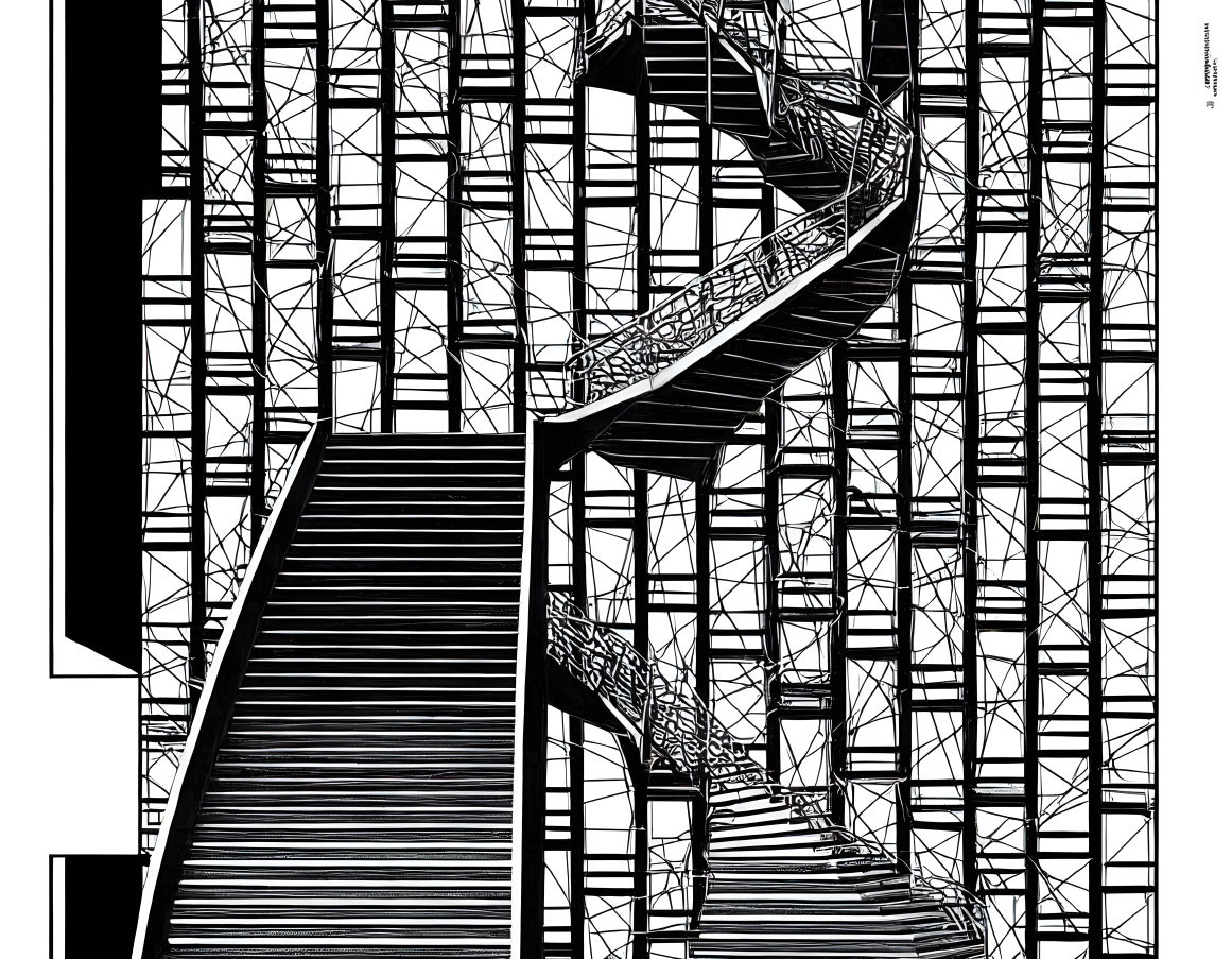 Monochrome spiral staircase in grid-like scaffolding