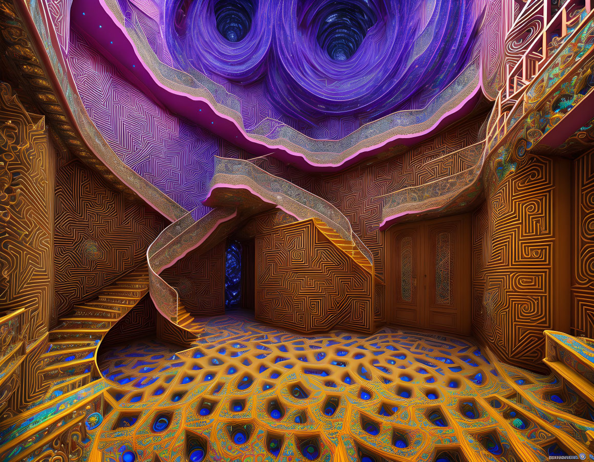 Colorful Psychedelic Interior with Spiral Staircase and Ornate Patterns