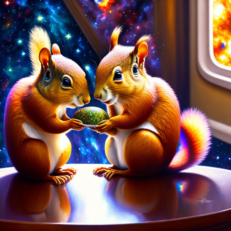 Animated squirrels sharing nut on reflective surface with cosmic background visible through window