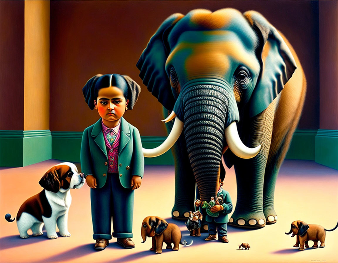 Surreal painting of child in suit, oversized head, dog, tiny elephant, and large elephant