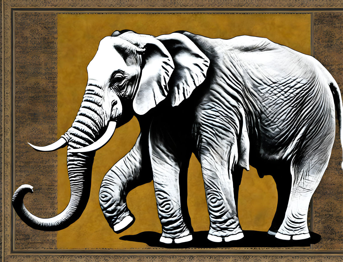 Elephant Illustration with Prominent Tusks on Textured Golden Background