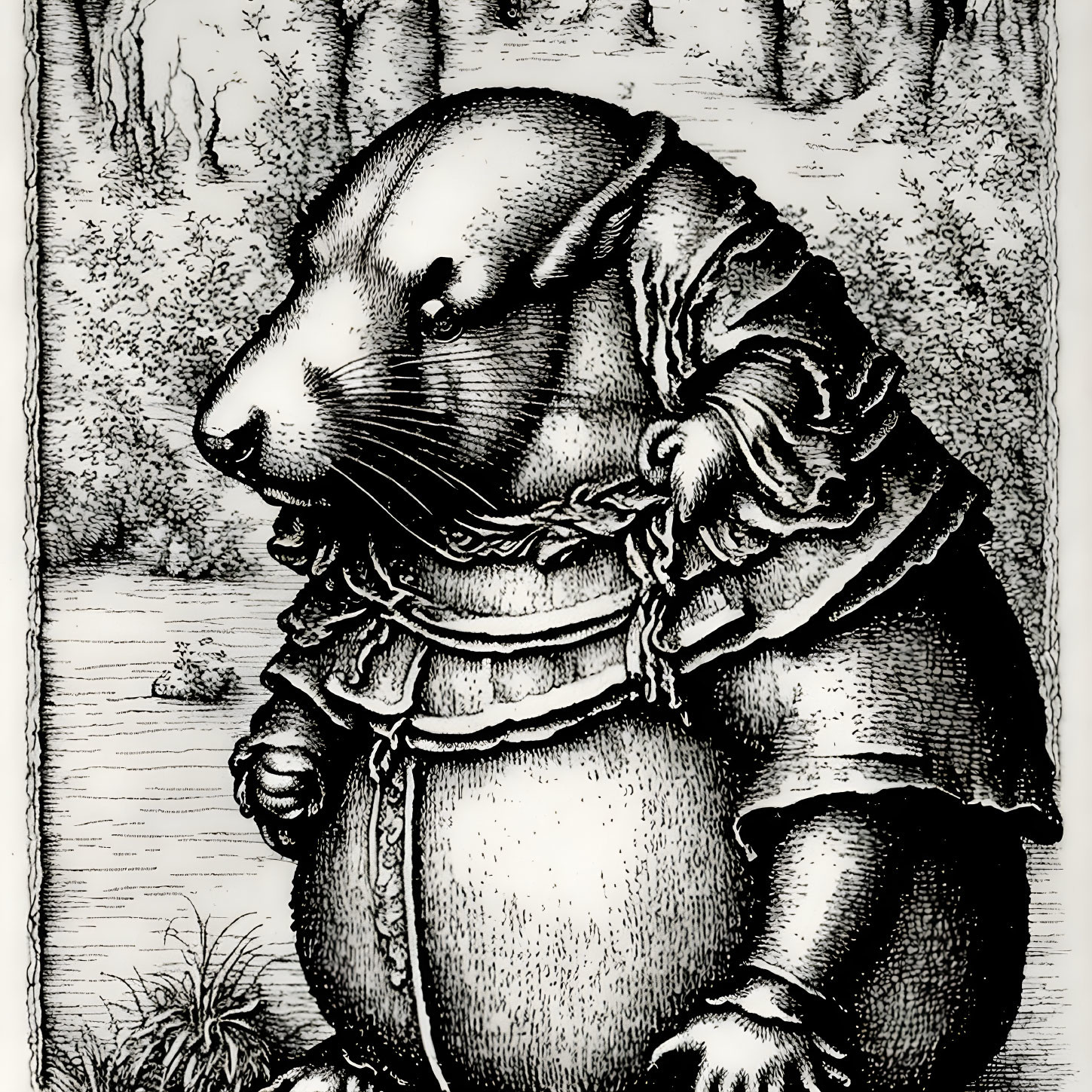 Bipedal badger in old-fashioned attire with ruffled collar