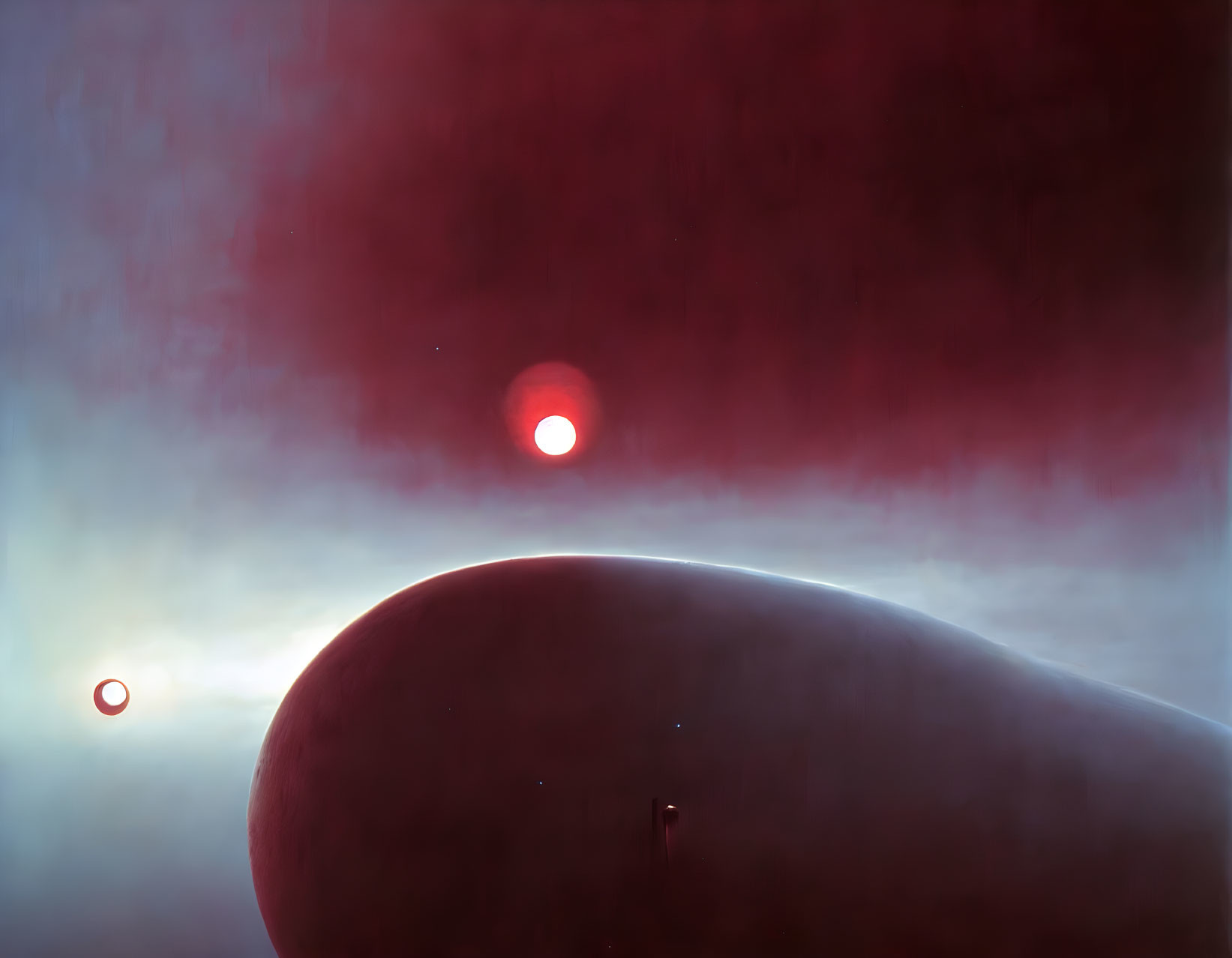 Red sun, dominant planet, and nebulous cloud in serene space scene