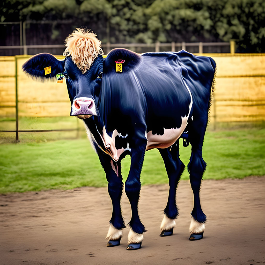 Blonde Wig and Human Mouth on Cow in Enclosure