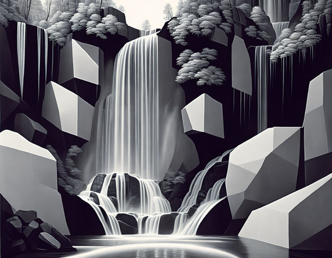 Monochromatic waterfall cascading over geometric cliffs and stylized trees