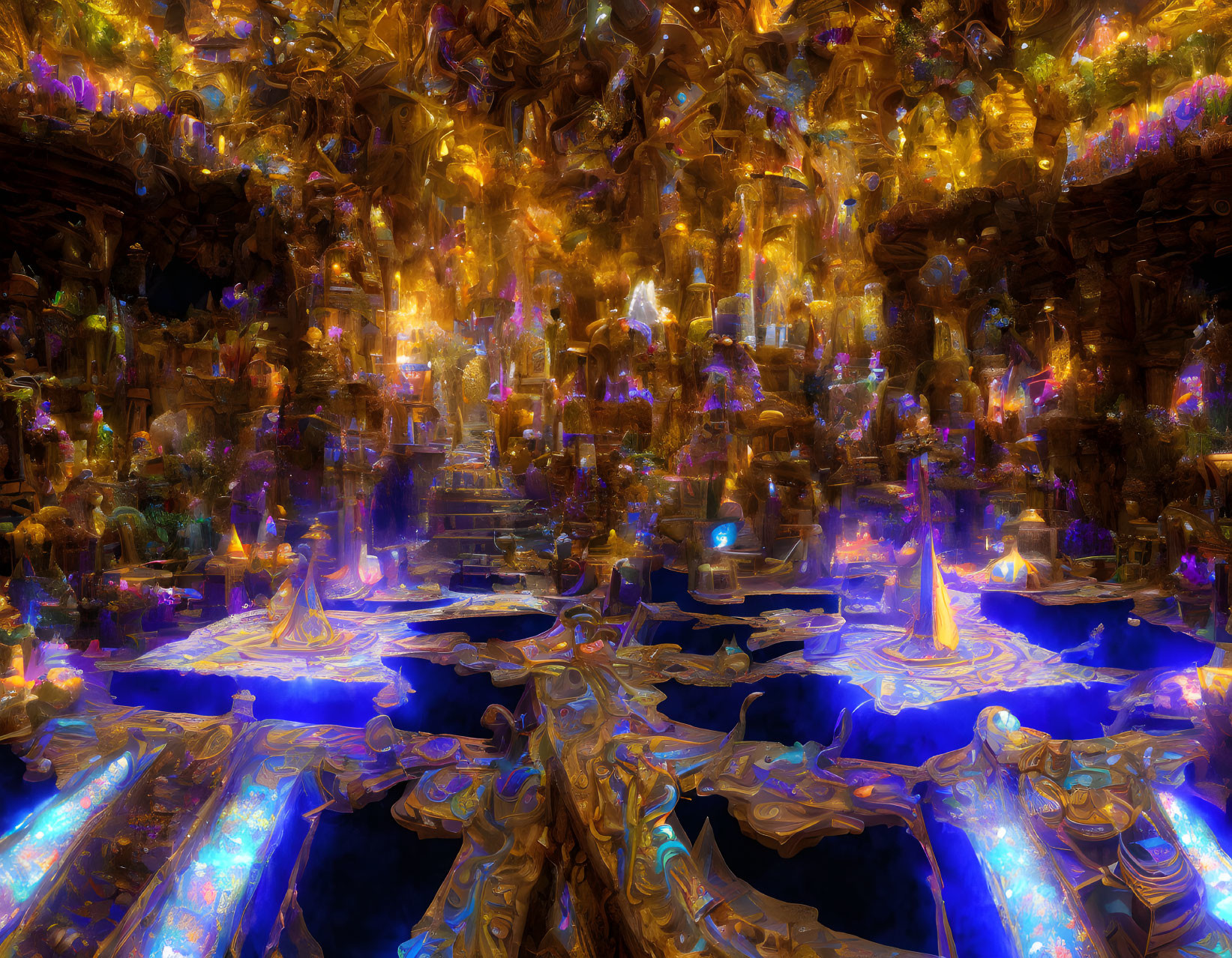 Fantastical digital art: Vibrant cave with blue floors and golden structures