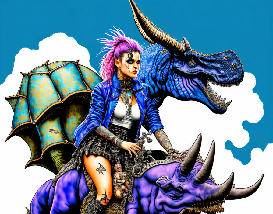 Purple-haired punk woman rides dragon-like creature on sky-blue backdrop