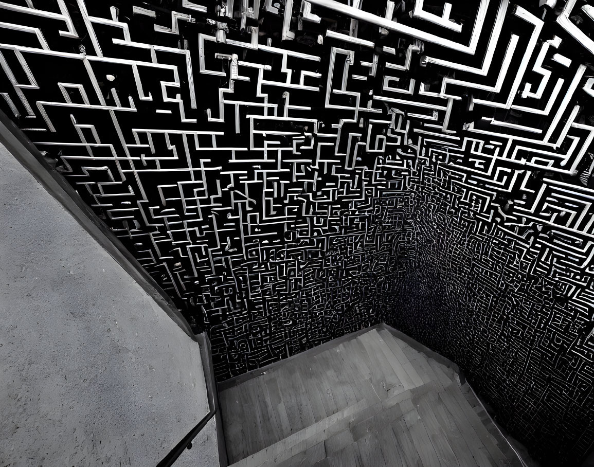 Monochrome maze pattern in interior space with concrete stairs