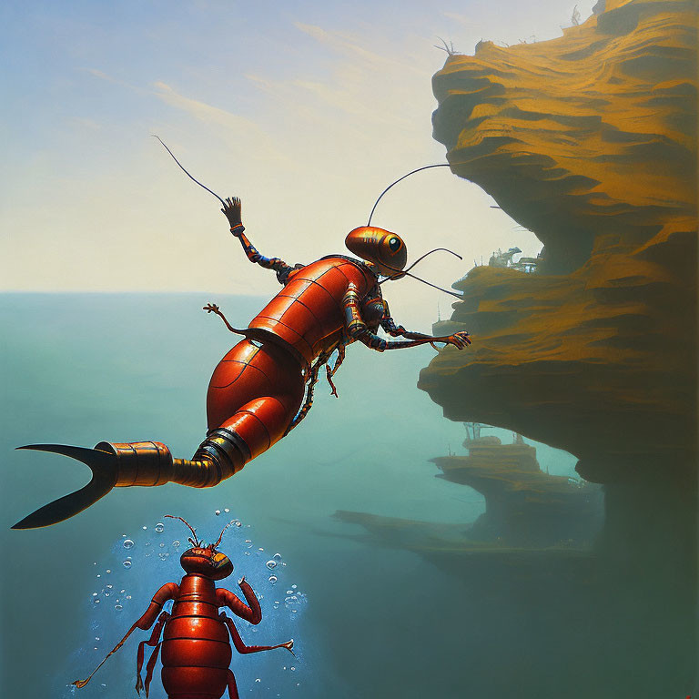 Two large mechanical ants in surreal landscape with hazy sky