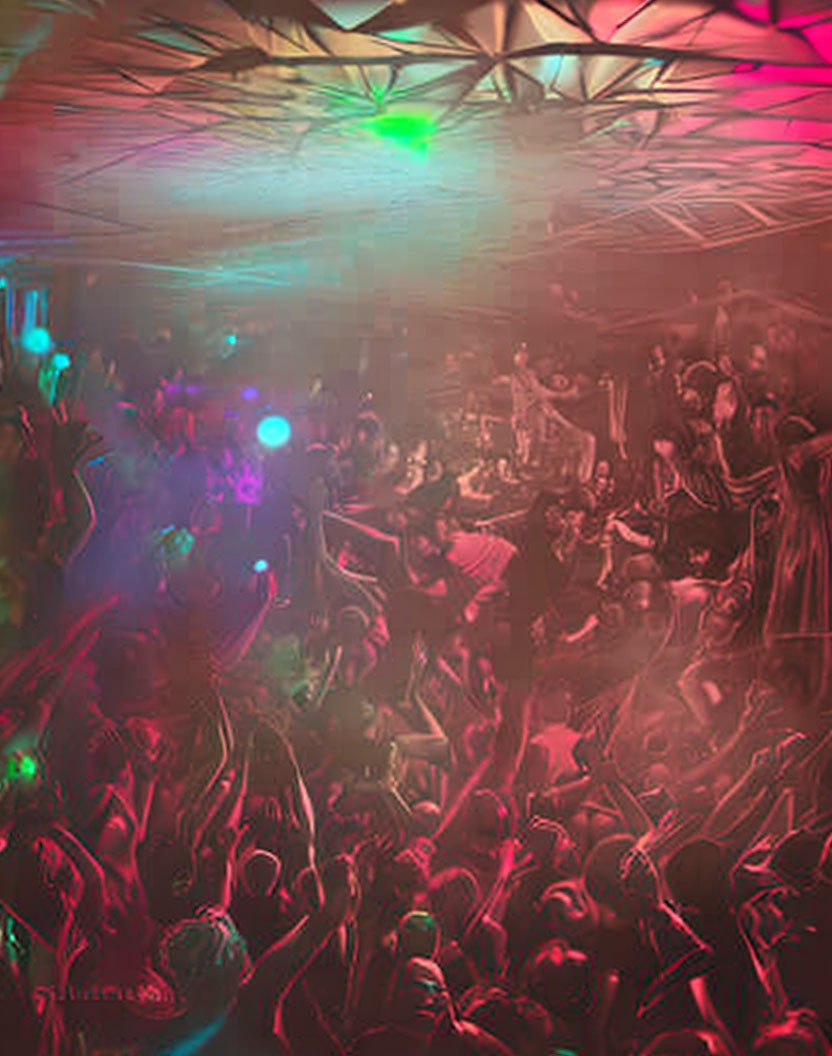 Colorful Dance Party with Crowded Scene and Patterned Ceiling