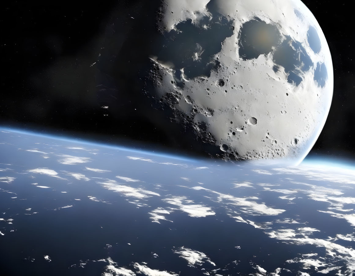 Cratered moon overlooking Earth with clouds and oceans visible