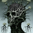 Human form with tree-like head and branching textures in art.