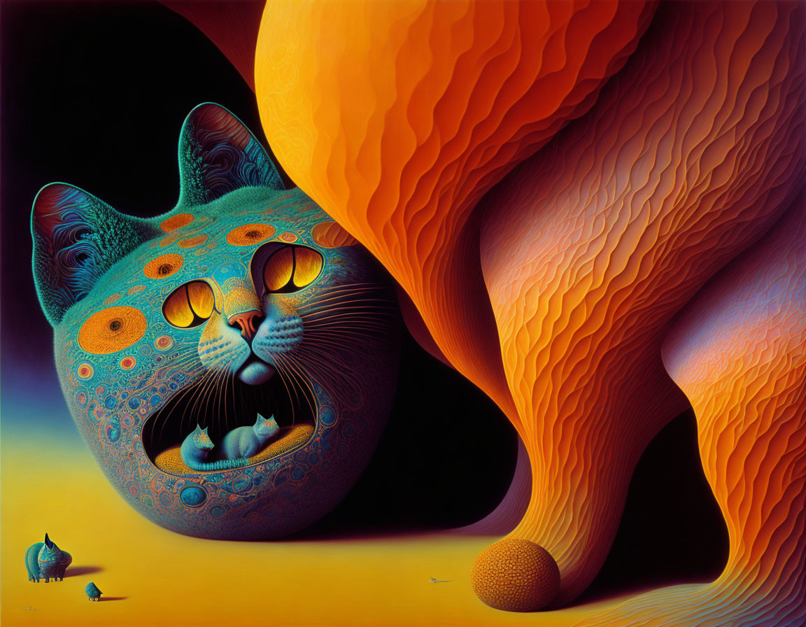 Surreal image: large cat face in vibrant wavy landscape