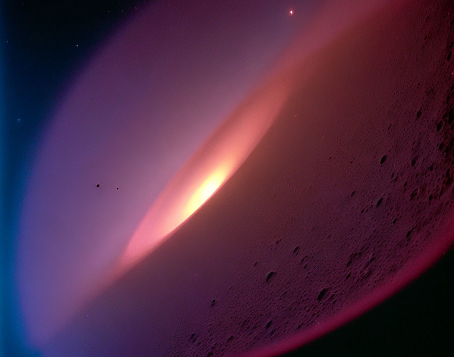 Planet horizon with glowing atmosphere and distant star at sunrise/sunset