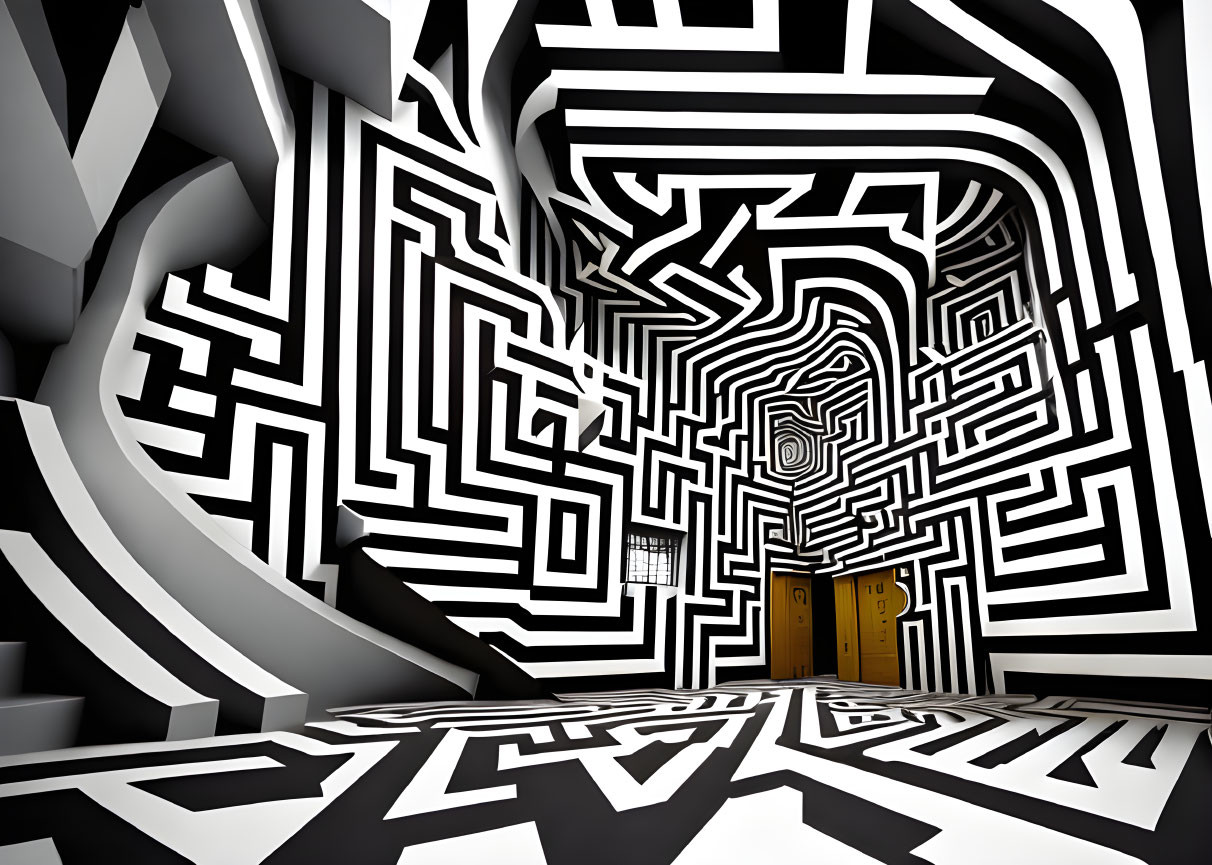 Monochromatic 3D room with maze walls and wooden door