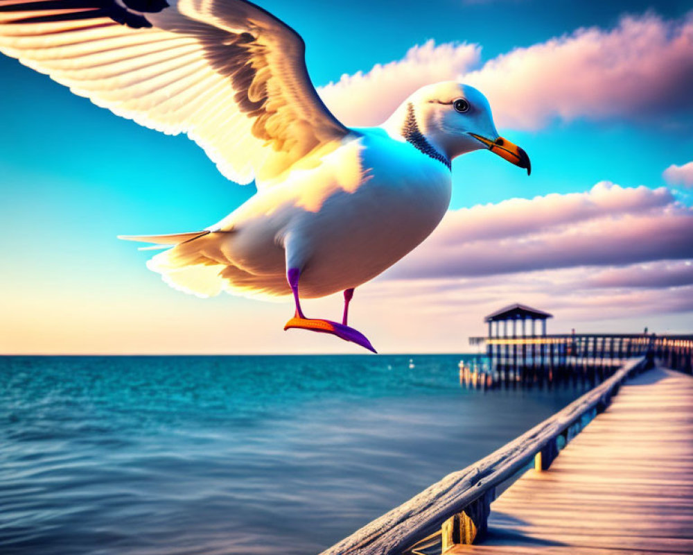 Seagull in flight above wooden pier at dusk