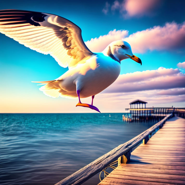 Seagull in flight above wooden pier at dusk