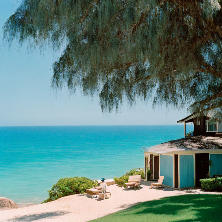 Tranquil beach scene with shaded lounging area by cabin