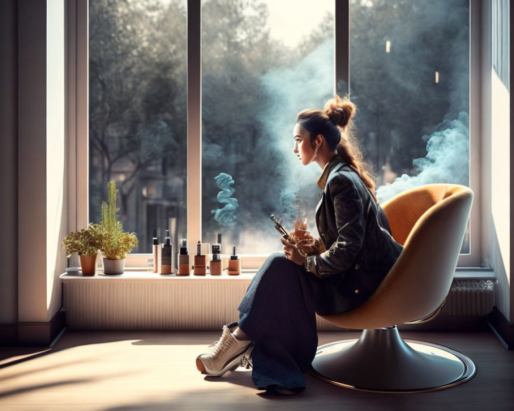 Woman sitting by window with smoke and essential oil diffusers