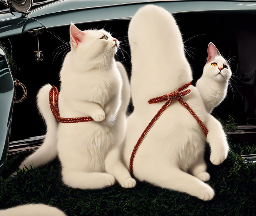 White fluffy cats with red collars and bows on grass, one attentive and the other curious.