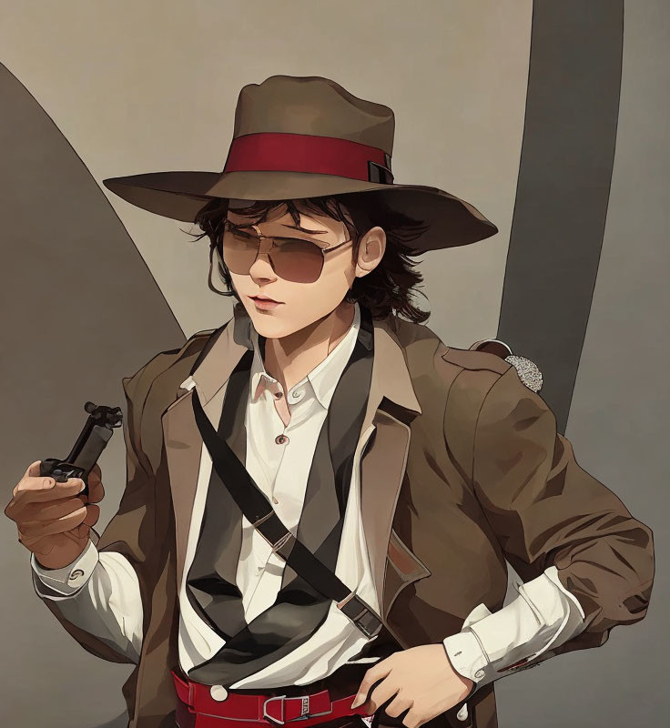 Illustration of person in fedora and sunglasses with revolver, brown coat, white shirt, red belt