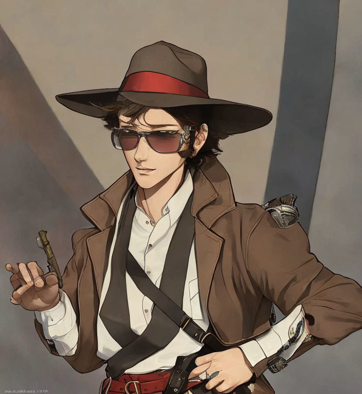 Stylish character in red hat, sunglasses, brown trench coat with gun and robotic arm