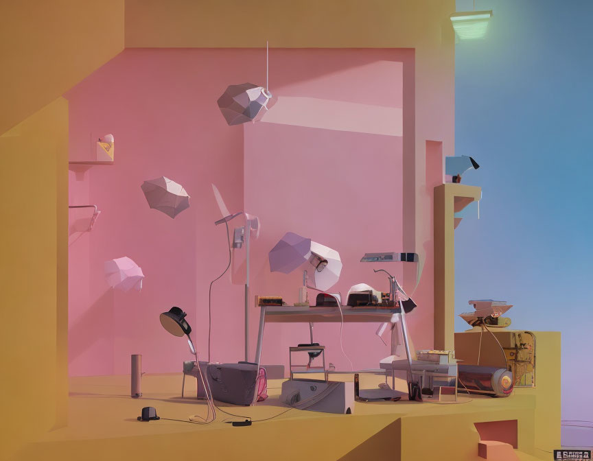 Pastel Pink and Yellow Surreal Room with Abstract Geometric Sculptural Objects