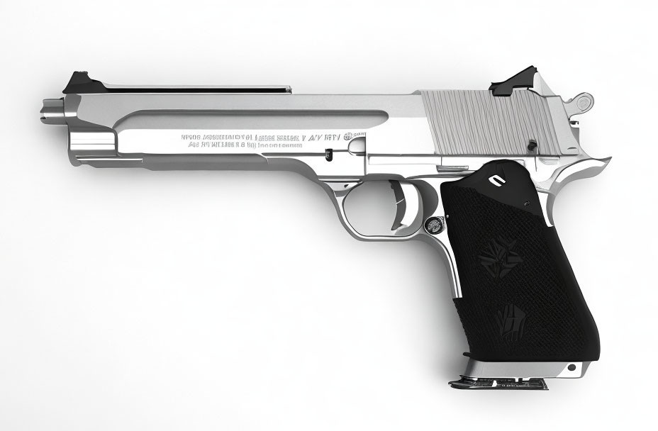 Silver and Black Semi-Automatic Pistol with Text and Symbols on White Background