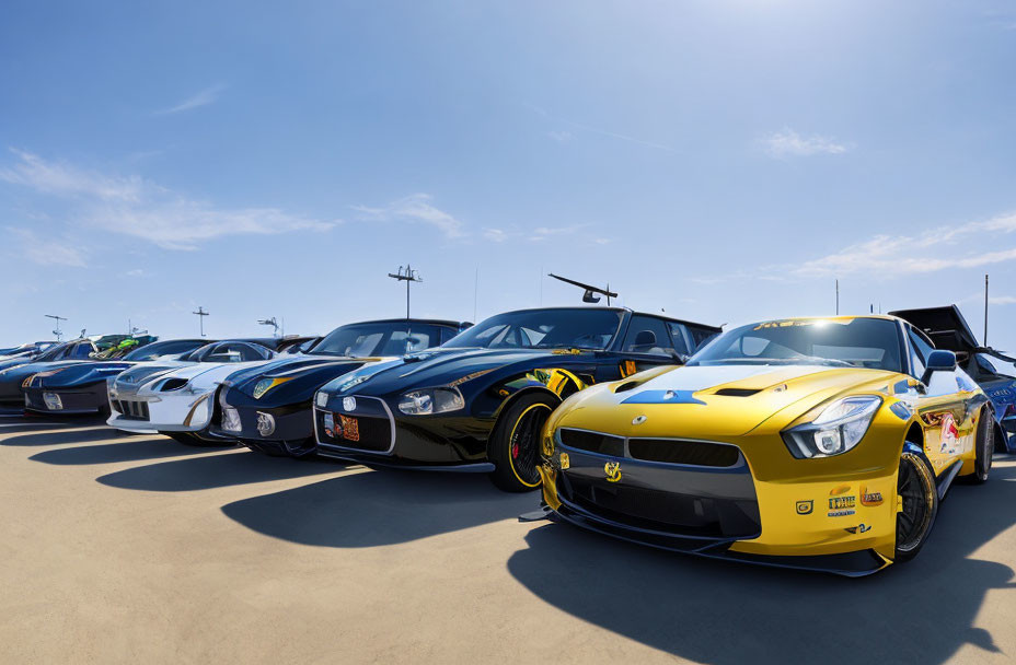 Vibrant sports cars lineup under clear sky