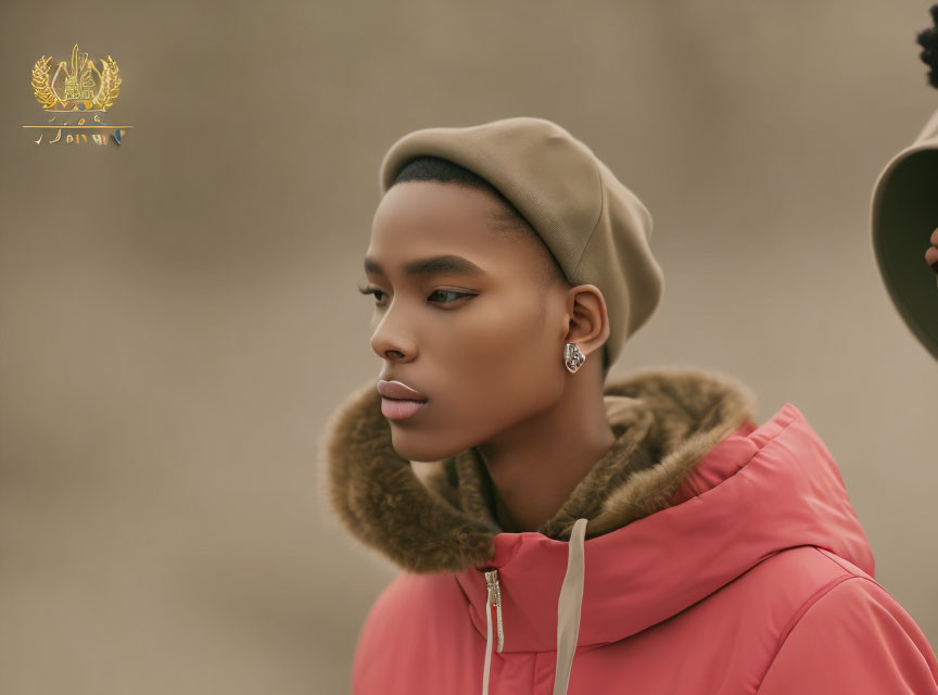 Person in Pink Hoodie and Tan Beret with Striking Features