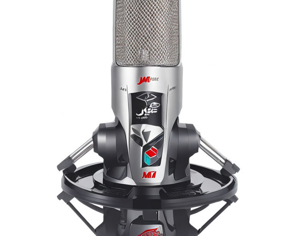 Silver Studio Microphone with Shock Mount and Pop Filter, Red and Black Accents