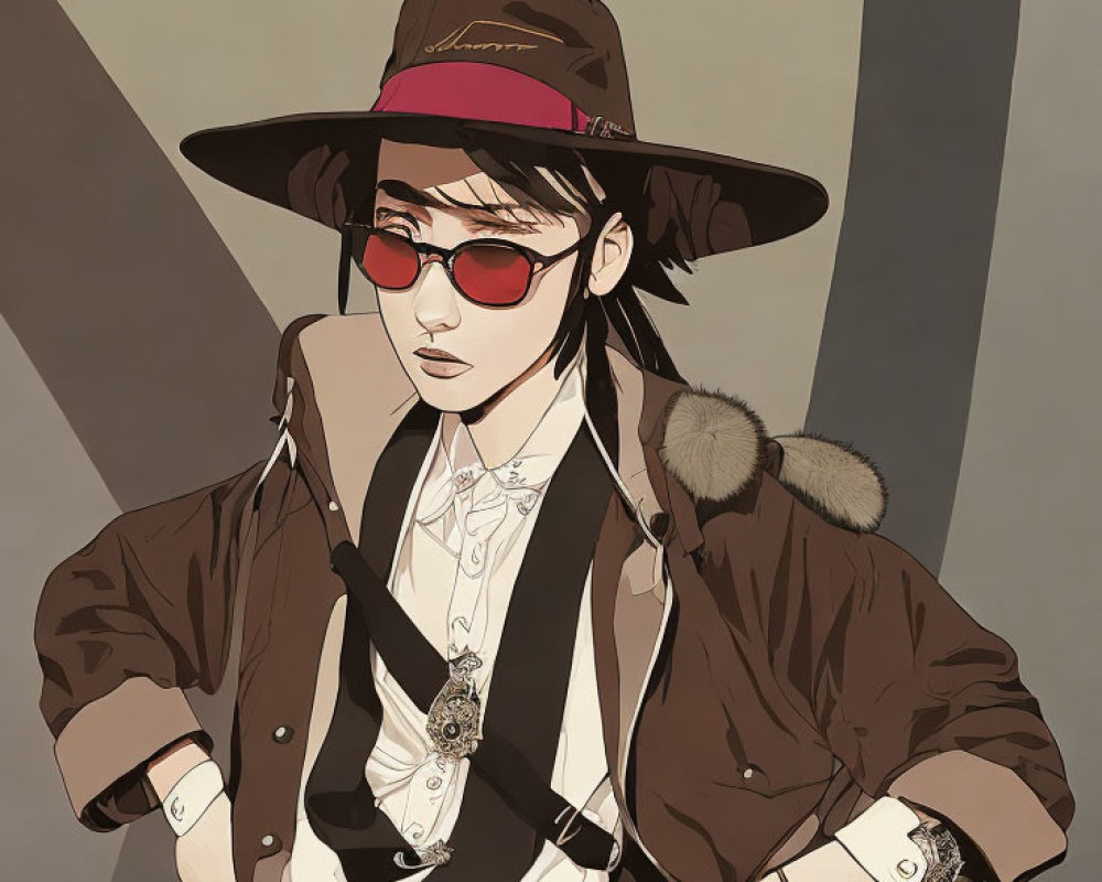 Fashionable person with wide-brimmed hat and red sunglasses in brown jacket and white shirt.